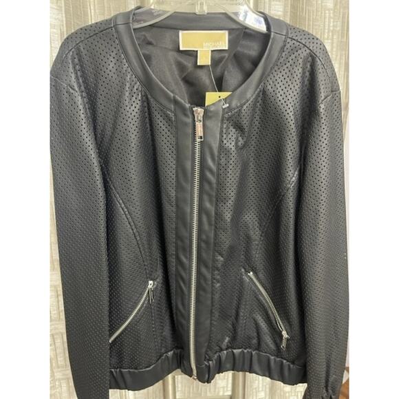 Michael Kors Women Black Faux Leather Bomber Perforated Jacket Sz Large NWT $195 - Picture 1 of 13